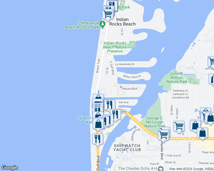 map of restaurants, bars, coffee shops, grocery stores, and more near 708 1st Street in Indian Rocks Beach