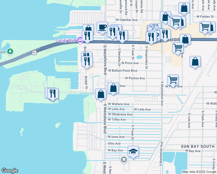 map of restaurants, bars, coffee shops, grocery stores, and more near 7 South West Shore Boulevard in Tampa