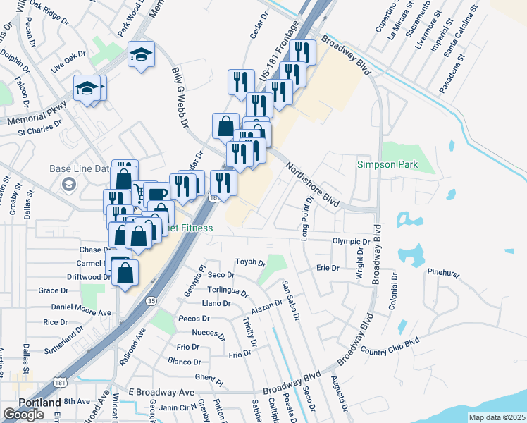 map of restaurants, bars, coffee shops, grocery stores, and more near 1702 U.S. 181 in Portland