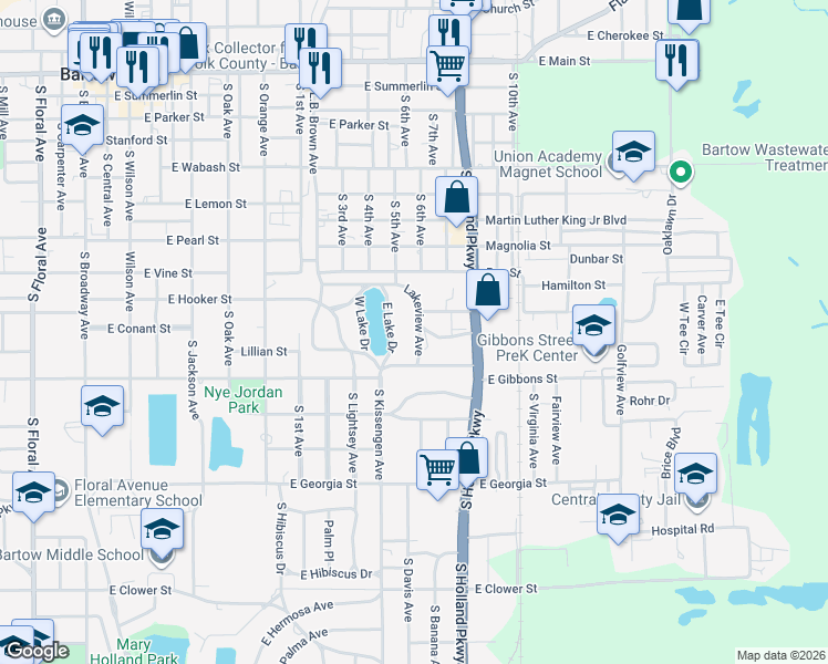 map of restaurants, bars, coffee shops, grocery stores, and more near 955 Lakeview Avenue in Bartow