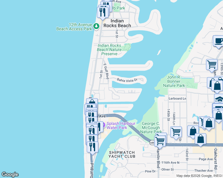 map of restaurants, bars, coffee shops, grocery stores, and more near 220 Bates Avenue in Indian Rocks Beach