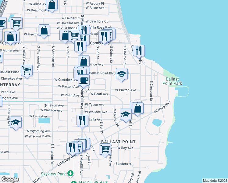 map of restaurants, bars, coffee shops, grocery stores, and more near 2830 West Paxton Avenue in Tampa