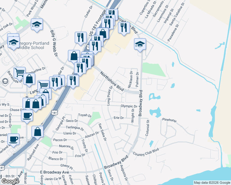 map of restaurants, bars, coffee shops, grocery stores, and more near 301 Northshore Boulevard in Portland