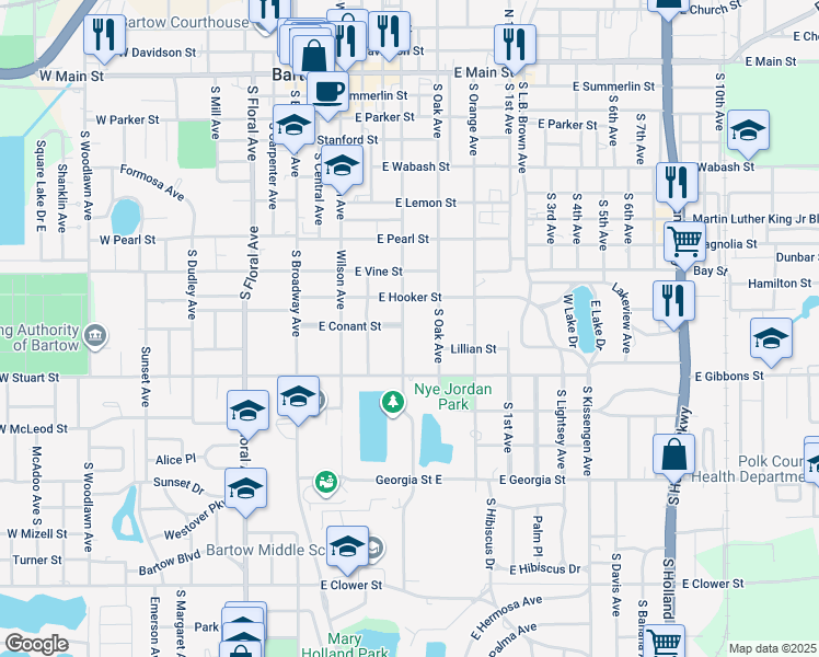 map of restaurants, bars, coffee shops, grocery stores, and more near 930 South Jackson Avenue in Bartow