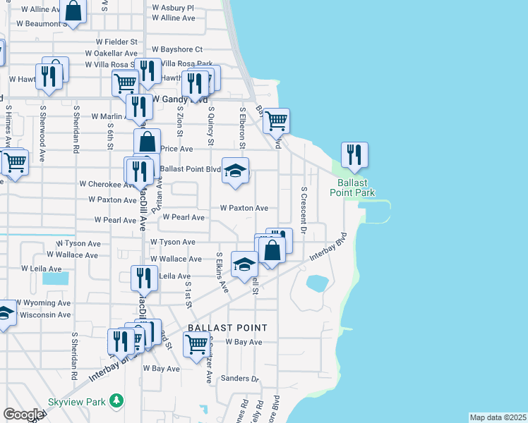 map of restaurants, bars, coffee shops, grocery stores, and more near 5221 Bayshore Boulevard in Tampa