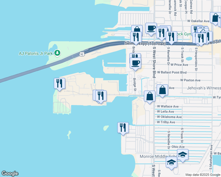 map of restaurants, bars, coffee shops, grocery stores, and more near 5105 West Tyson Avenue in Tampa