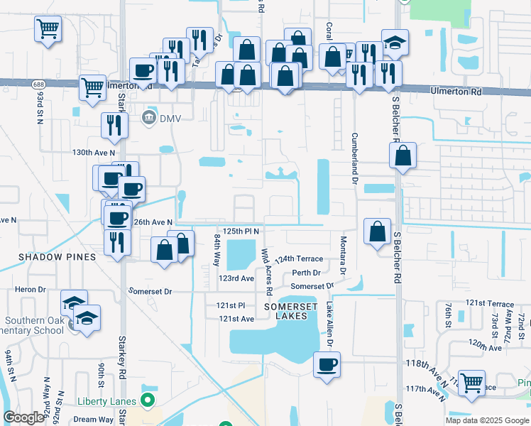 map of restaurants, bars, coffee shops, grocery stores, and more near 8260 Wild Oaks Circle in Largo