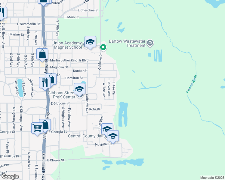 map of restaurants, bars, coffee shops, grocery stores, and more near 970 Carver Avenue in Bartow