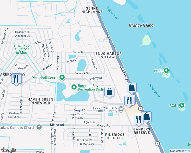 map of restaurants, bars, coffee shops, grocery stores, and more near 5447 Bannock Street in Micco