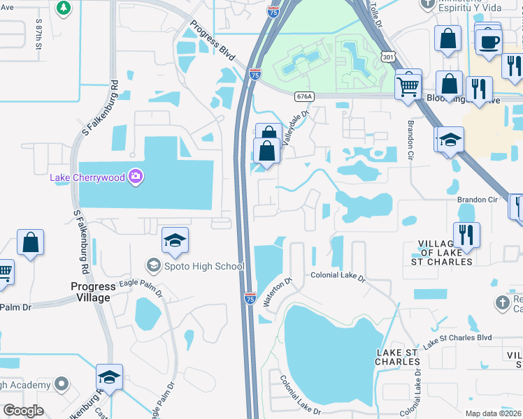 map of restaurants, bars, coffee shops, grocery stores, and more near 9515 Grovedale circle in Riverview