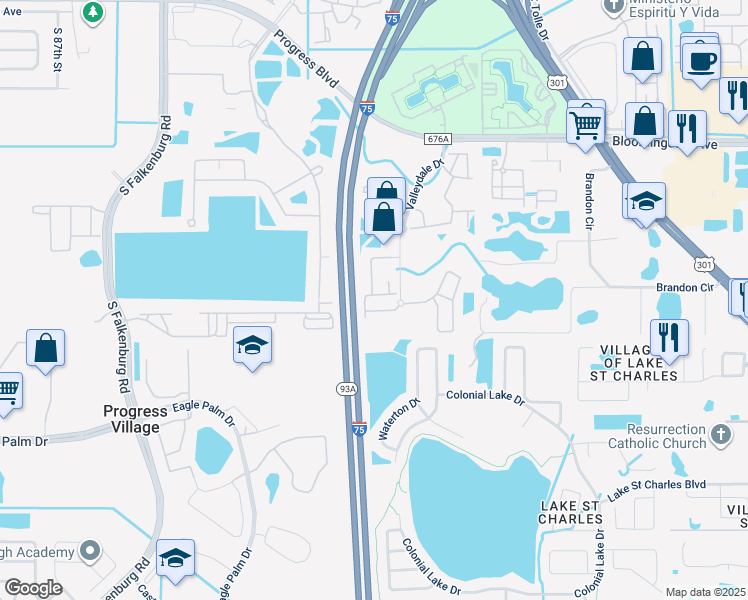 map of restaurants, bars, coffee shops, grocery stores, and more near 6415 Hollydale Place in Riverview