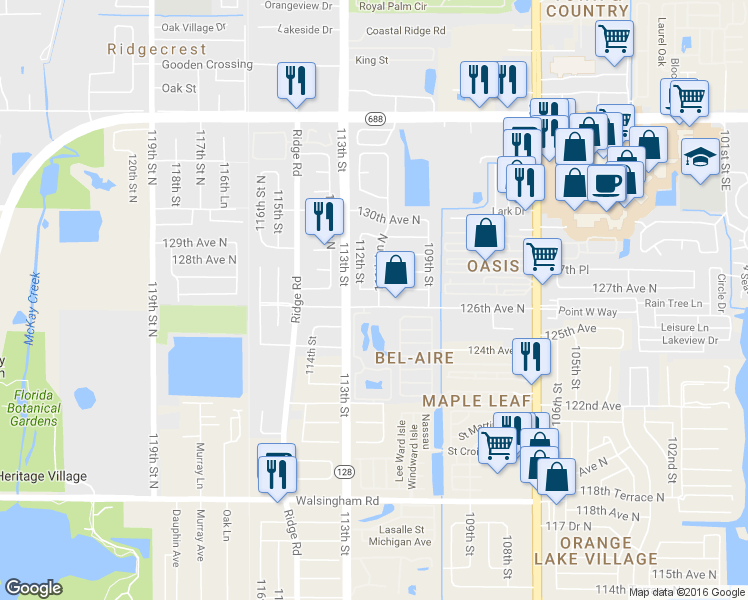 map of restaurants, bars, coffee shops, grocery stores, and more near 11136 126th Terrace in Largo