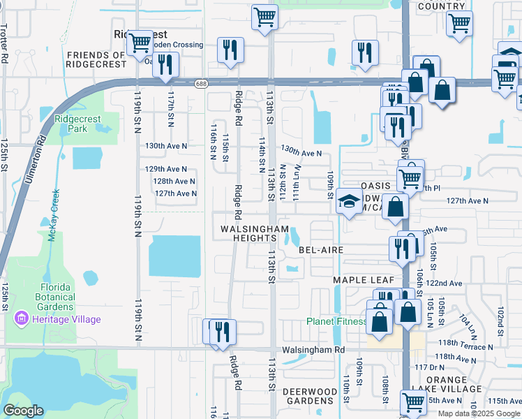 map of restaurants, bars, coffee shops, grocery stores, and more near 11438 126th Terrace in Largo