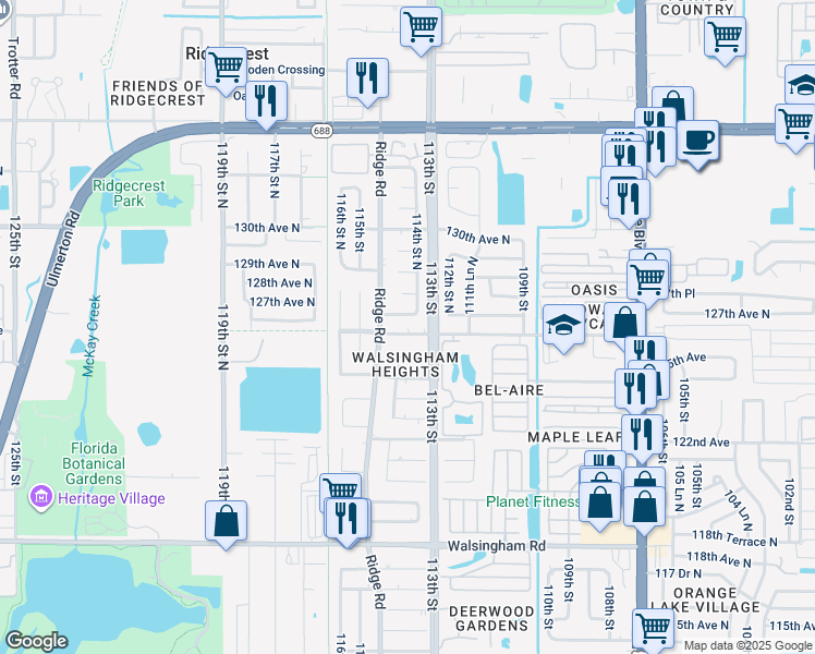 map of restaurants, bars, coffee shops, grocery stores, and more near 11448 126th Terrace in Largo