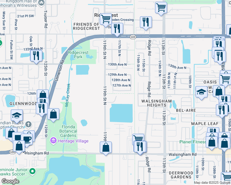 map of restaurants, bars, coffee shops, grocery stores, and more near 11745 126th Terrace North in Seminole