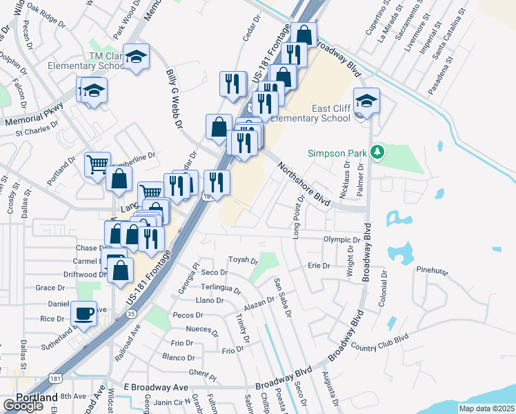 map of restaurants, bars, coffee shops, grocery stores, and more near 201 Northshore Boulevard in Portland
