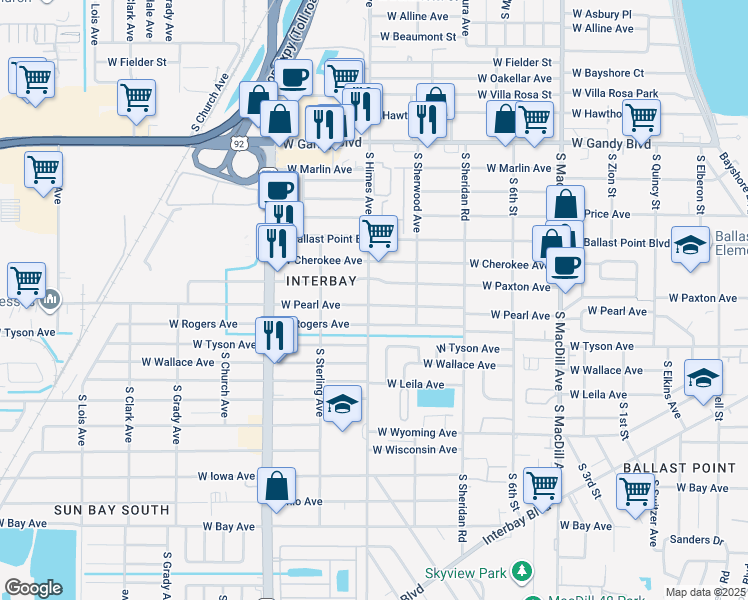 map of restaurants, bars, coffee shops, grocery stores, and more near 3414 West Paxton Avenue in Tampa