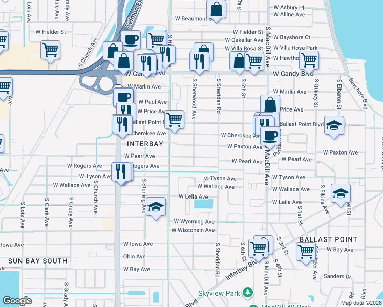map of restaurants, bars, coffee shops, grocery stores, and more near 3401 West Pearl Avenue in Tampa