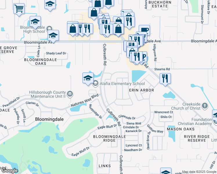 map of restaurants, bars, coffee shops, grocery stores, and more near 3606 Cold Creek Drive in Valrico