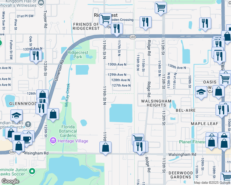 map of restaurants, bars, coffee shops, grocery stores, and more near 11745 126th Terrace North in Seminole