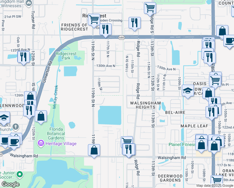 map of restaurants, bars, coffee shops, grocery stores, and more near 11666 126th Terrace North in Largo