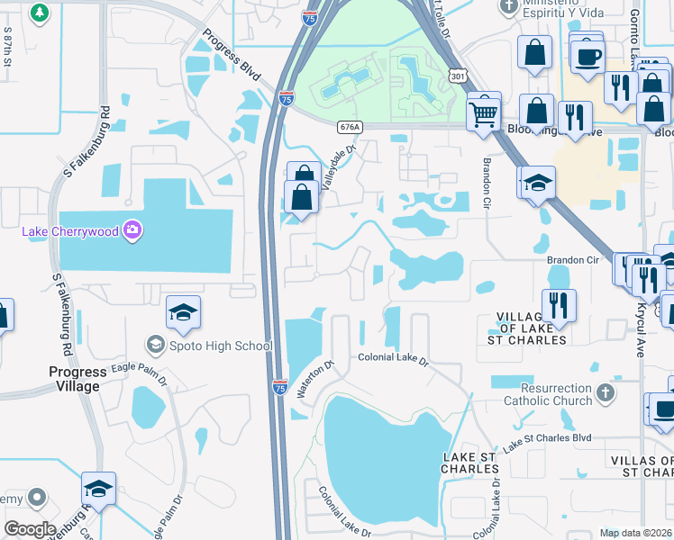 map of restaurants, bars, coffee shops, grocery stores, and more near 9616 Carlsdale Drive in Riverview