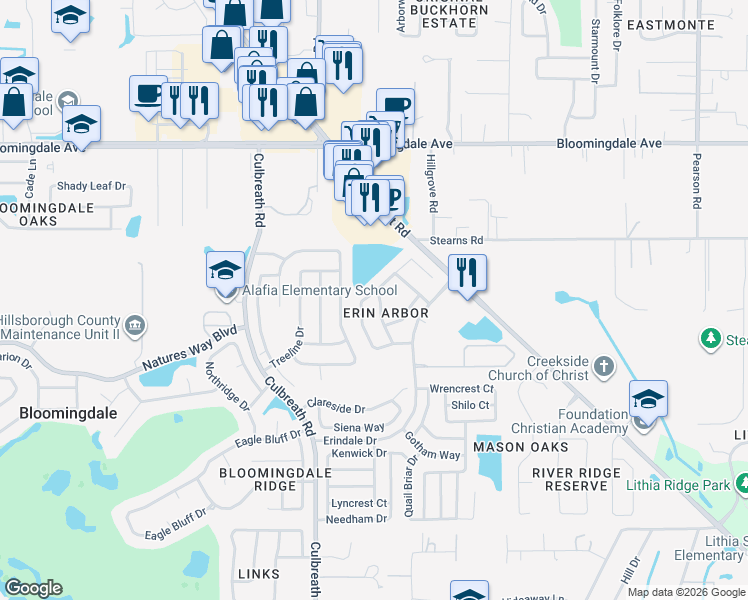map of restaurants, bars, coffee shops, grocery stores, and more near 3539 Springville Drive in Valrico
