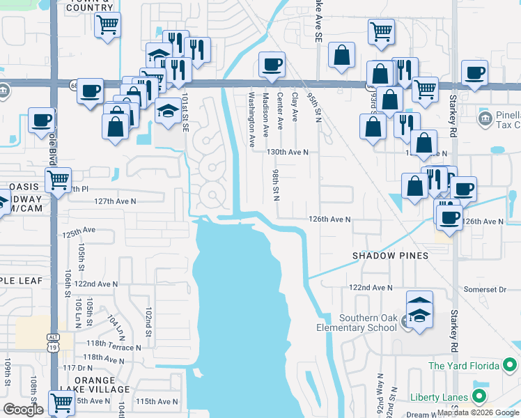 map of restaurants, bars, coffee shops, grocery stores, and more near 12710 Pineway Drive in Largo