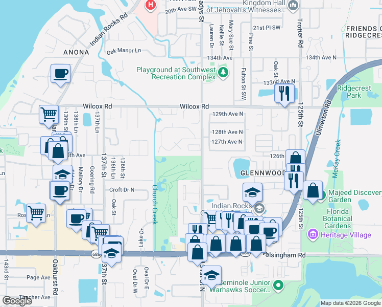 map of restaurants, bars, coffee shops, grocery stores, and more near 12601 San Blas Loop in Largo
