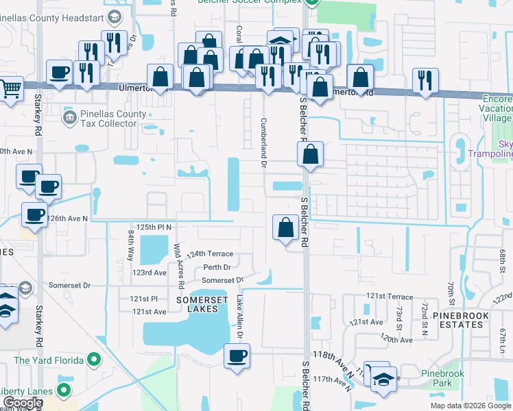 map of restaurants, bars, coffee shops, grocery stores, and more near 7941 Smoketree Court in Largo