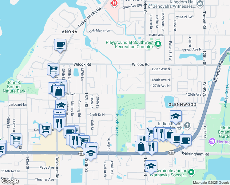 map of restaurants, bars, coffee shops, grocery stores, and more near 12601 134th Street in Largo
