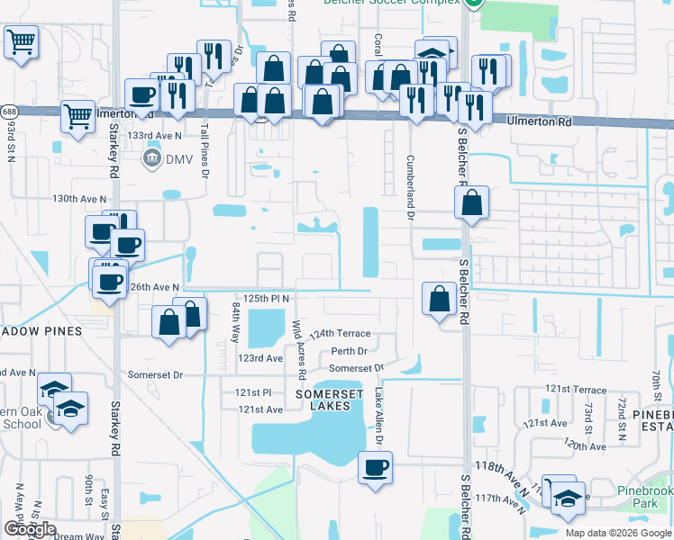map of restaurants, bars, coffee shops, grocery stores, and more near 8169 Wild Oaks Circle in Largo