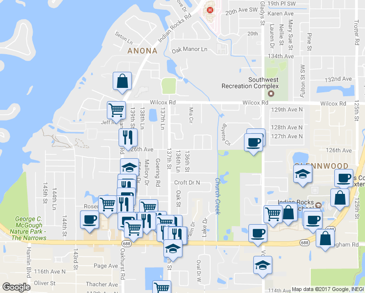 map of restaurants, bars, coffee shops, grocery stores, and more near 13661 126th Avenue in Largo