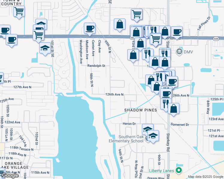 map of restaurants, bars, coffee shops, grocery stores, and more near 9488 127th Avenue in Largo
