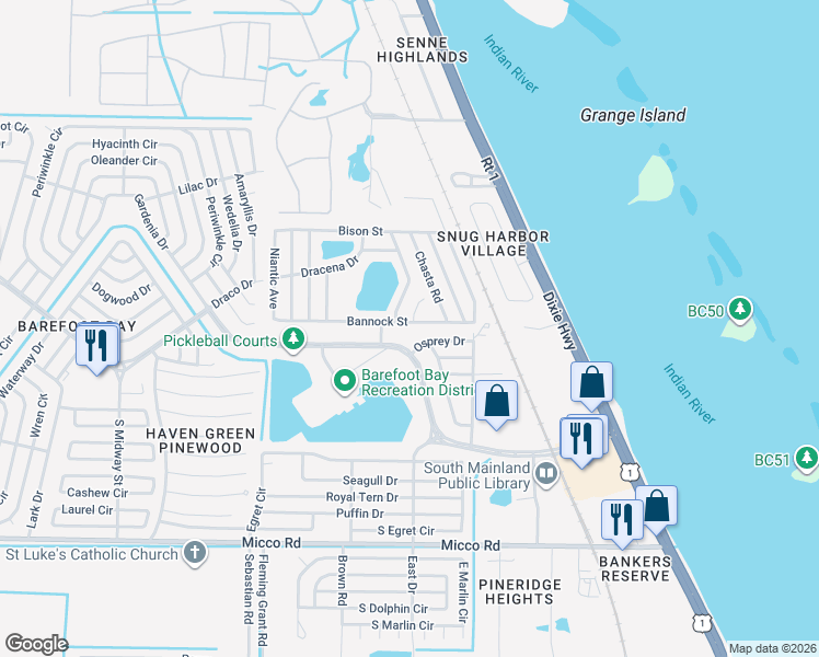 map of restaurants, bars, coffee shops, grocery stores, and more near 5447 Bannock Street in Micco