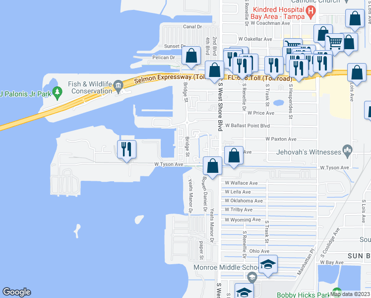 map of restaurants, bars, coffee shops, grocery stores, and more near 5351 Bridge Street in Tampa