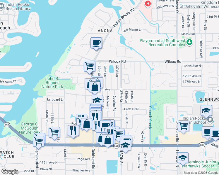 map of restaurants, bars, coffee shops, grocery stores, and more near 12620 138th Street North in Largo