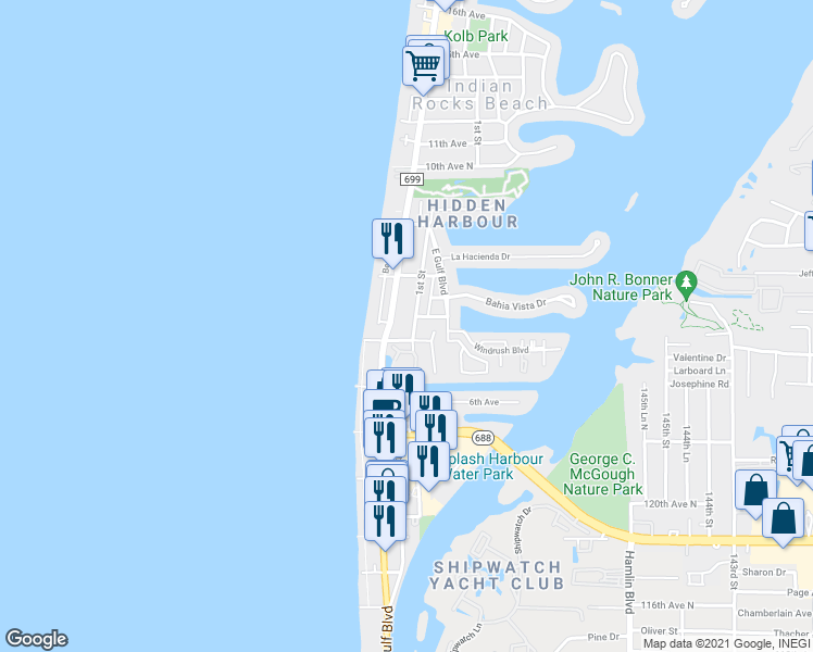 map of restaurants, bars, coffee shops, grocery stores, and more near 708 1st Street in Indian Rocks Beach