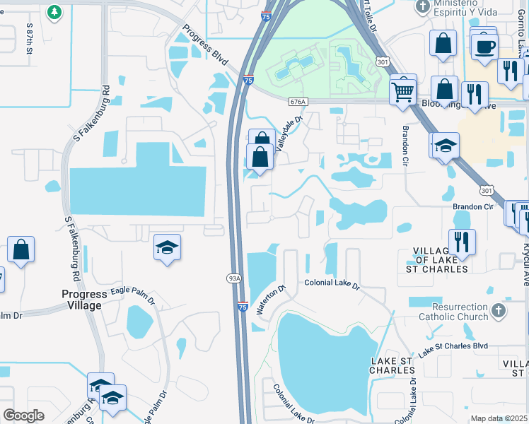 map of restaurants, bars, coffee shops, grocery stores, and more near 6415 Hollydale Place in Riverview