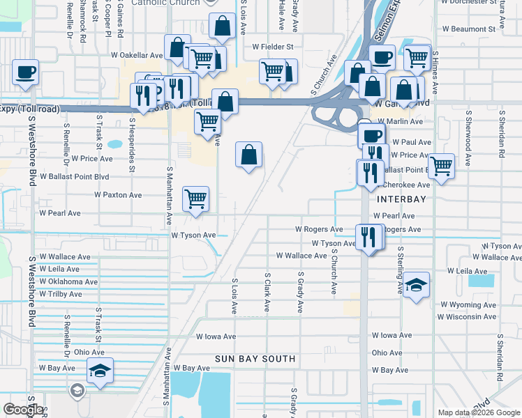 map of restaurants, bars, coffee shops, grocery stores, and more near 4105 West Pearl Avenue in Tampa