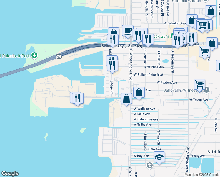 map of restaurants, bars, coffee shops, grocery stores, and more near 5351 Bridge Street in Tampa