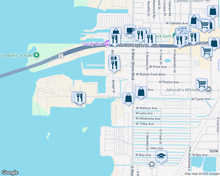 map of restaurants, bars, coffee shops, grocery stores, and more near 5351 Bridge Street in Tampa