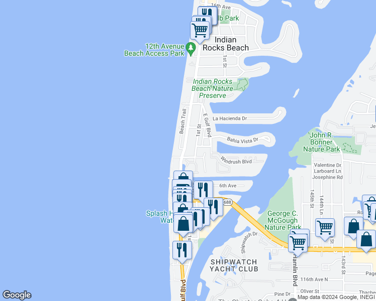map of restaurants, bars, coffee shops, grocery stores, and more near 708 1st Street in Indian Rocks Beach