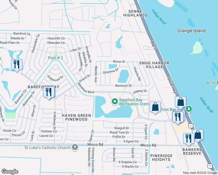 map of restaurants, bars, coffee shops, grocery stores, and more near 5367 Bannock Street in Micco