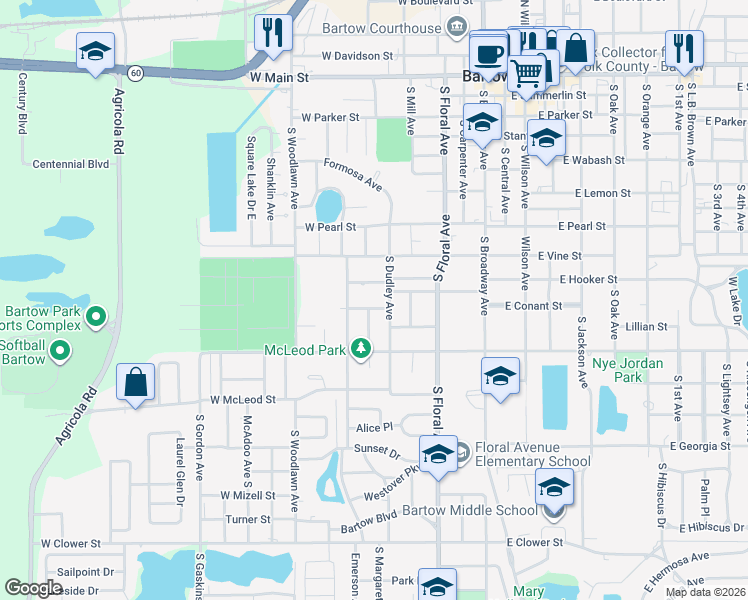 map of restaurants, bars, coffee shops, grocery stores, and more near 955 South Dudley Avenue in Bartow