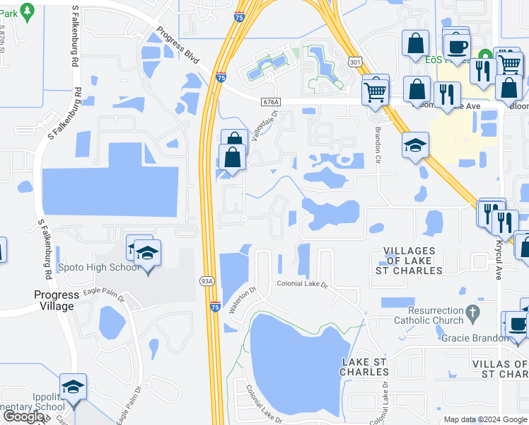 map of restaurants, bars, coffee shops, grocery stores, and more near 9628 Carlsdale Drive in Riverview