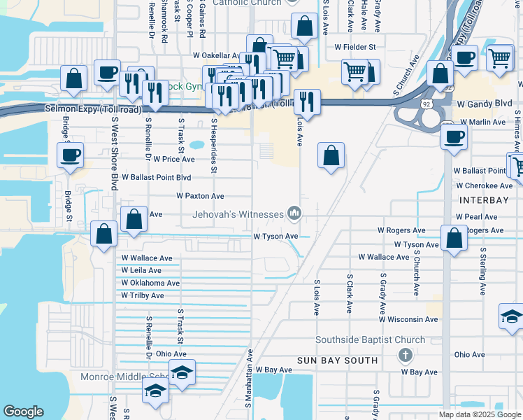 map of restaurants, bars, coffee shops, grocery stores, and more near 5200 South Manhattan Avenue in Tampa