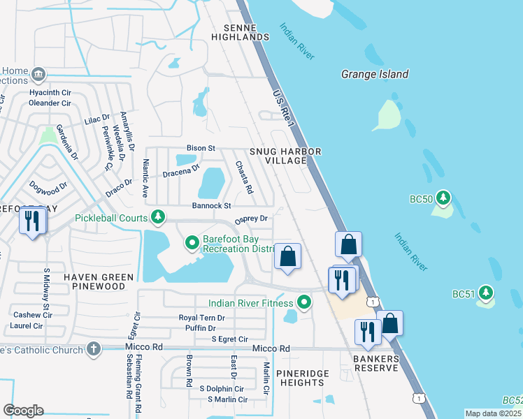 map of restaurants, bars, coffee shops, grocery stores, and more near 5479 Bannock Street in Micco