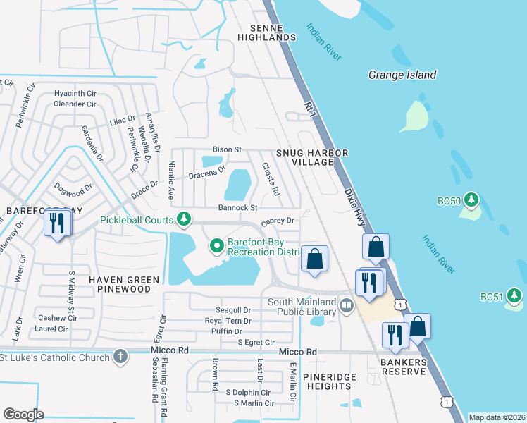 map of restaurants, bars, coffee shops, grocery stores, and more near 5447 Bannock Street in Micco