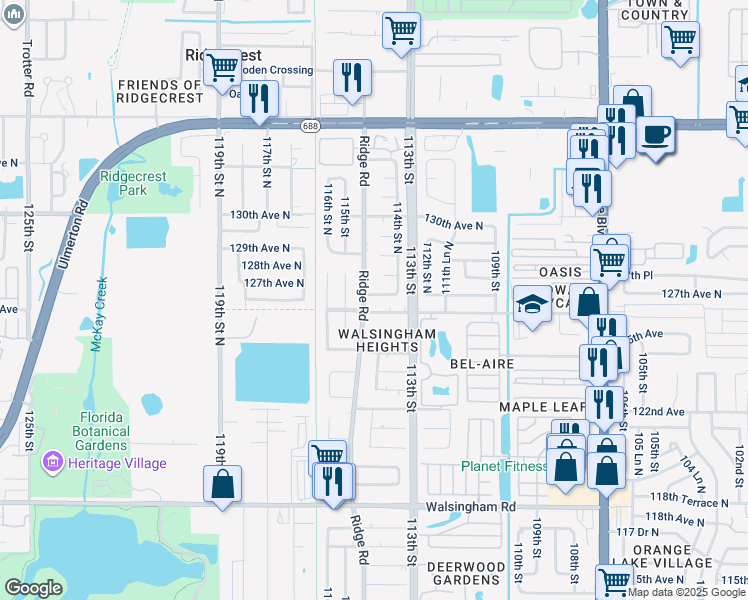 map of restaurants, bars, coffee shops, grocery stores, and more near 11448 126th Terrace in Largo